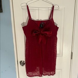 Chic Red Lace Chemise with Bow and Matching Panty Set